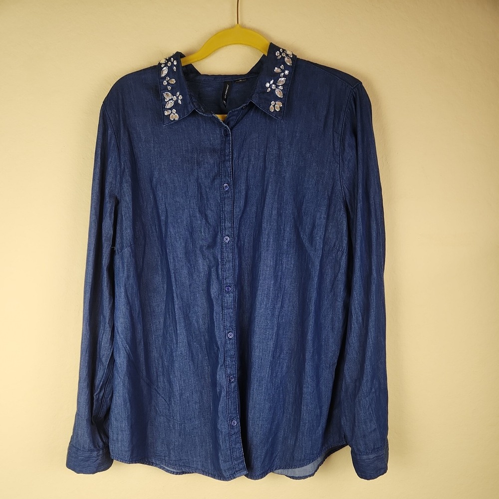 New Directions Womens XL Dark Wash Denim Button Down Shirt Jeweled Collar Blue